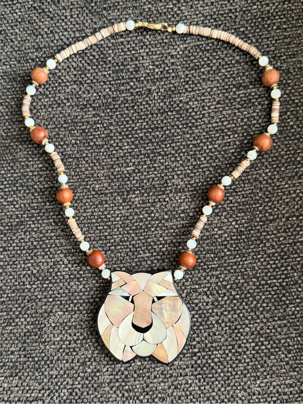 Inlaid cougar head pendant on beaded necklace 1970s